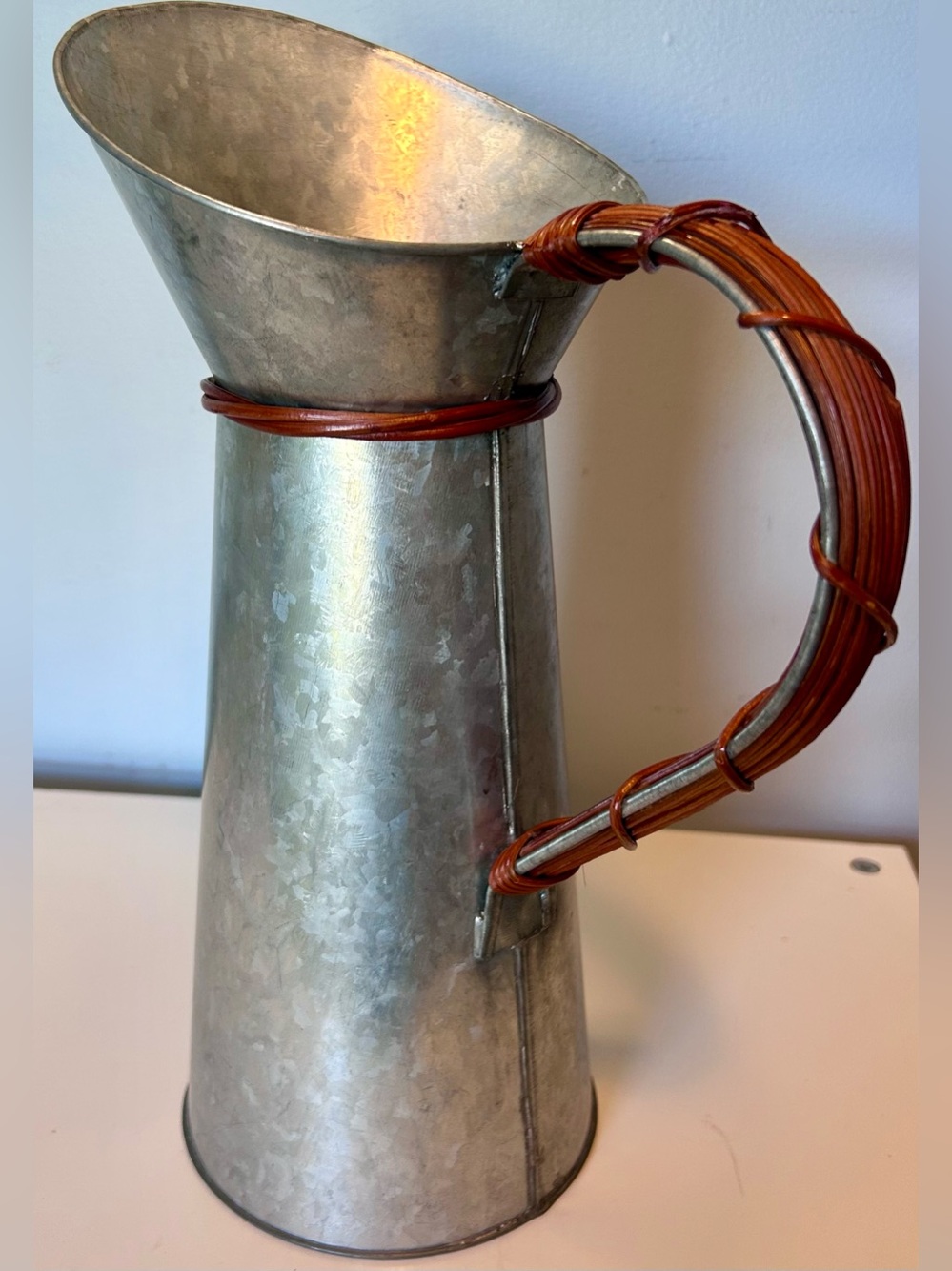 Vintage Galvanized Metal Pitcher Rattan Wrapped Handle 13”